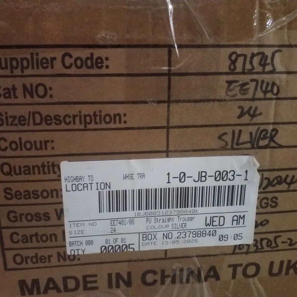 BOX CONTAINING APPROXIMATELY 5 BRAND NEW JD WILLIAMS SILVER PU STRAIGHT TROUSERS - SIZE 24