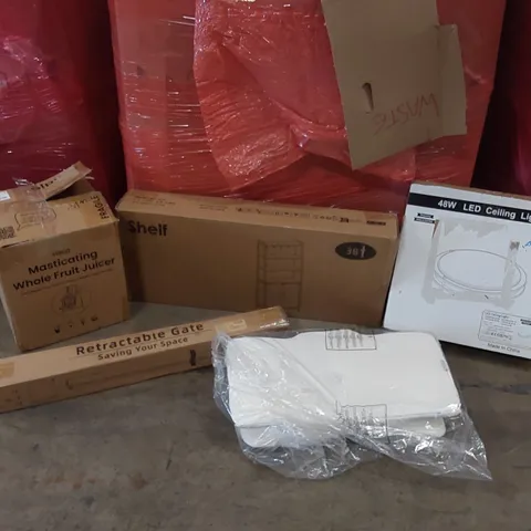 PALLET OF ASSORTED ITEMS INCLUDING: SHELF, MASTICATING WHOLE FRUIT JUICER, RETRACTABLE GATE, LED CEILING LIGHT, CUSHION ECT