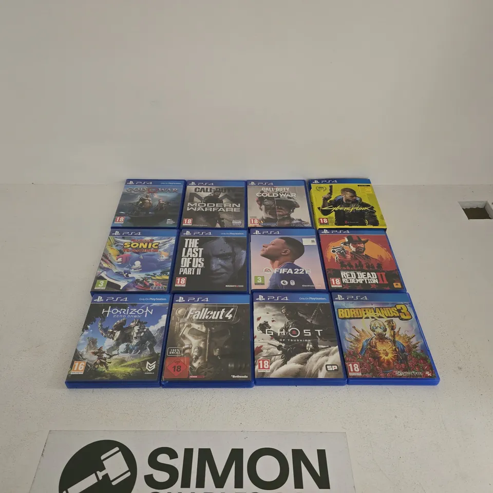 TOTE OF APPROXIMATELY 12 PS4 GAMES TO INCLUDE FIFA 22, FALLOUT 4, CYBERPUNK, CALL OF DUTY, RED DEAD REDEMPTION II, THE LAST OF US PART II ETC
