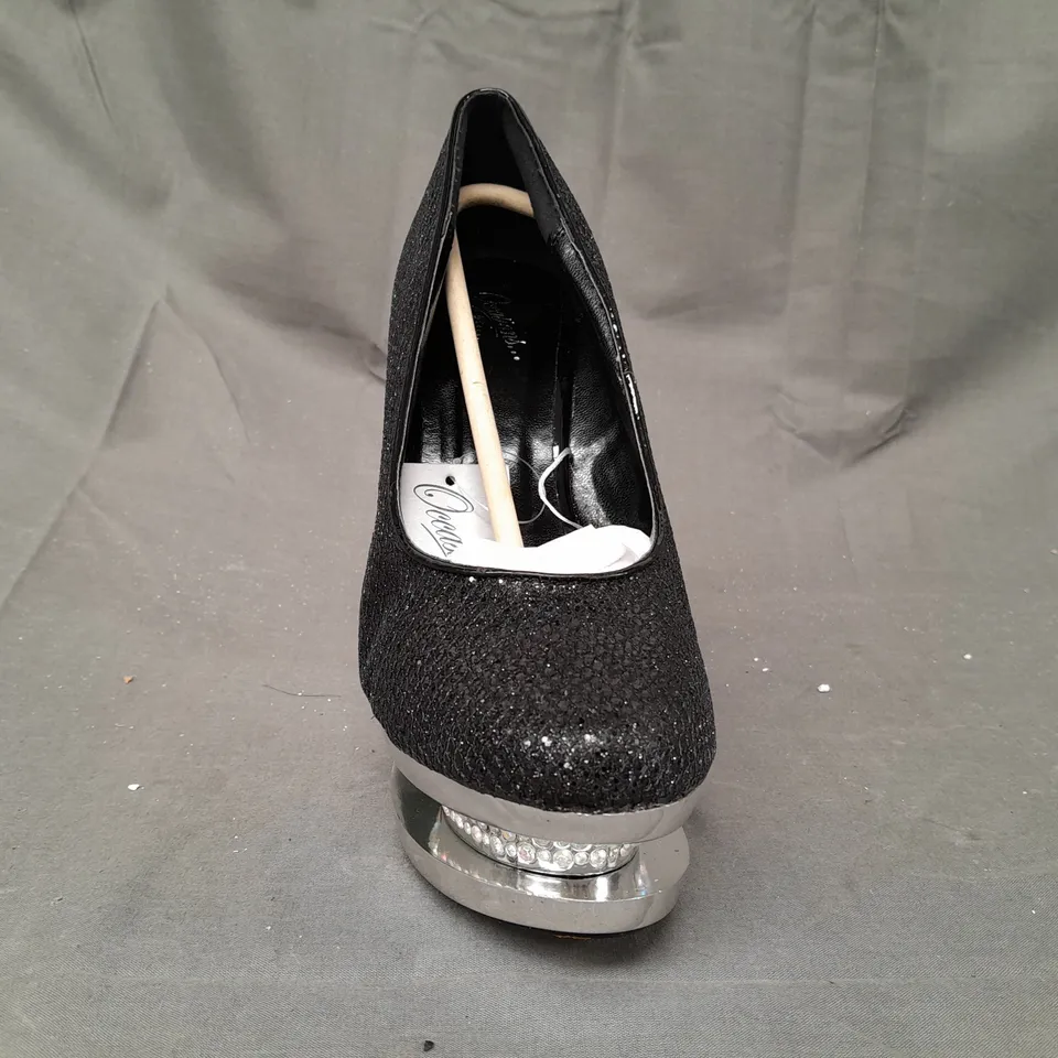 BOX OF APPROXIMATELY 10 BOXED PAIRS OF OCCASIONS PLATFORM HIGH HEEL SHOES IN BLACK W. JEWEL EFFECT - VARIOUS SIZES