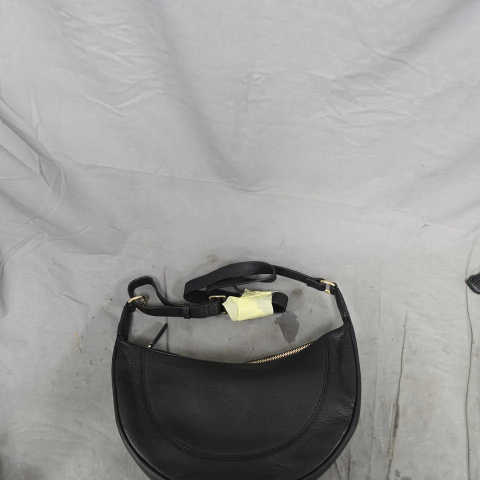 BLACK LEATHER CRESCENT CROSSBODY BAG WITH GOLD-TONE HARDWARE – ADJUSTABLE STRAP 