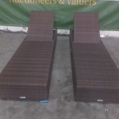 X2 RATTAN EFFECT GARDEN SUNLOUNGERS BROWN