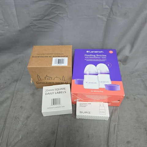 APPROXIMATELY 15 ASSORTED HOUSEHOLD ITEMS TO INCLUDE FEEDING BOTTLES, LABELS, EURO USB BATHROOM CHARGER, BAUBLE ETC