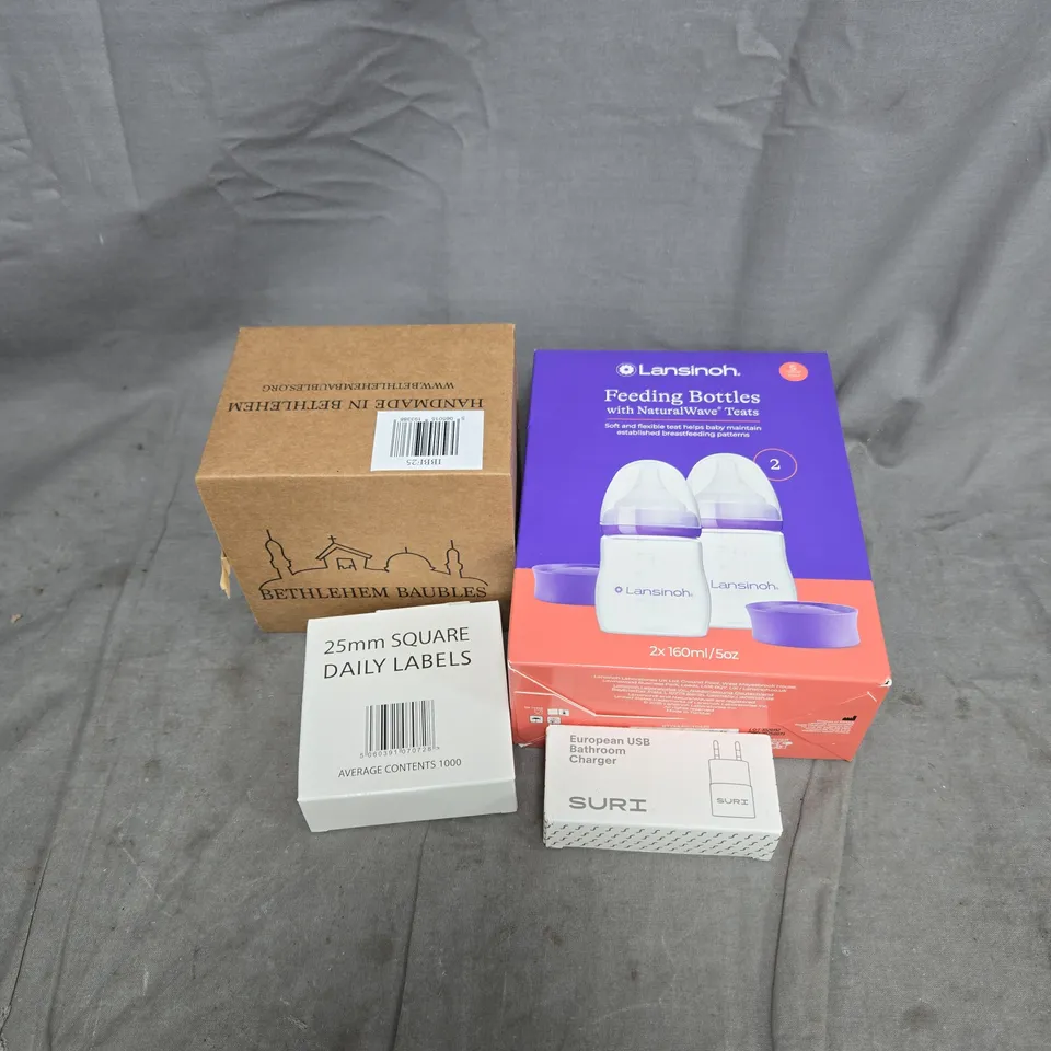 APPROXIMATELY 15 ASSORTED HOUSEHOLD ITEMS TO INCLUDE FEEDING BOTTLES, LABELS, EURO USB BATHROOM CHARGER, BAUBLE ETC