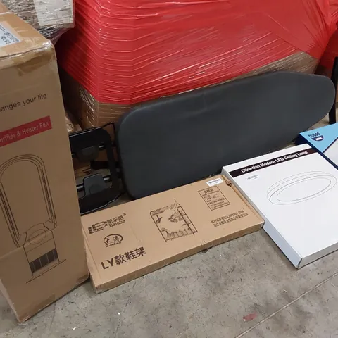 PALLET OF ASSORTED ITEMS INCLUDING: BLADELESS PURIFIER & HEATER FAN, IRONING BOARD, MODERN LED CEILING LIGHT, SHOE RACK, TOILET SEAT