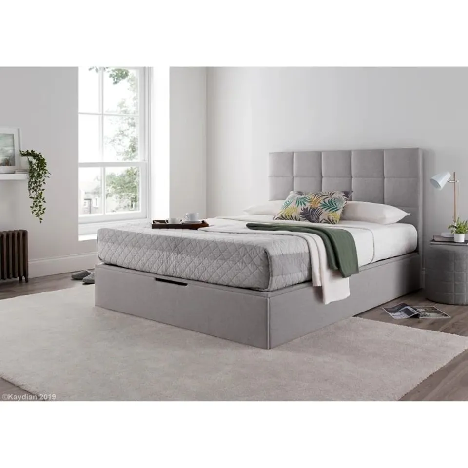 BOXED CRYPTOPODIUM UPHOLSTERED OTTOMAN BED KING  - NAVY (BOX 1 OF 2 ONLY)