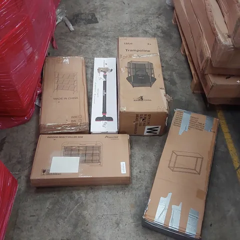 PALLET OF ASSORTED ITEMS INCLUDING: ELECTRIC SLICER MACHINE, TRAMPOLINE, CONSOLE TABLE, INDOOR INSECT KILLER, SHELVES, PULL-UP BARS ECT