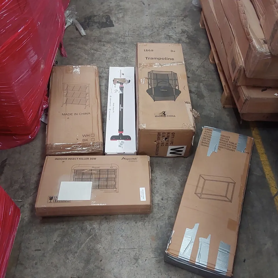 PALLET OF ASSORTED ITEMS INCLUDING: ELECTRIC SLICER MACHINE, TRAMPOLINE, CONSOLE TABLE, INDOOR INSECT KILLER, SHELVES, PULL-UP BARS ECT