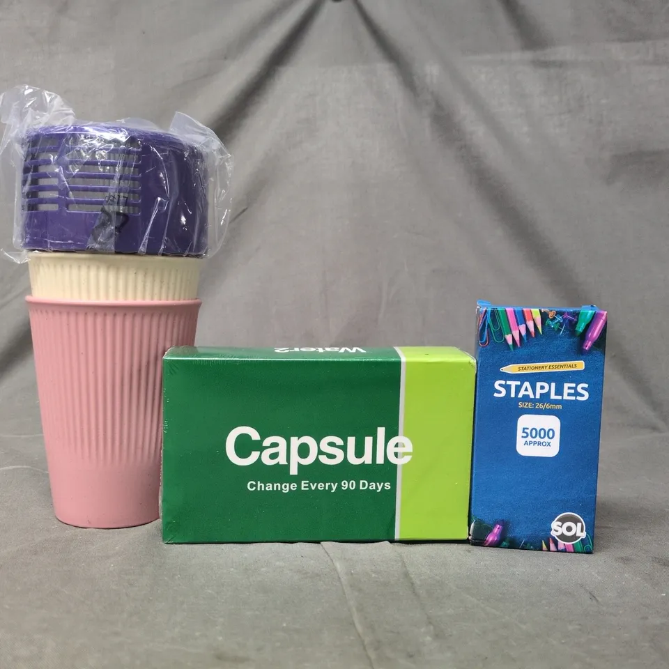 APPROXIMATELY 10 ASSORTED HOUSEHOLD ITEMS TO INCLUDE WATER2 CAPSULES, STAPLES, ETC