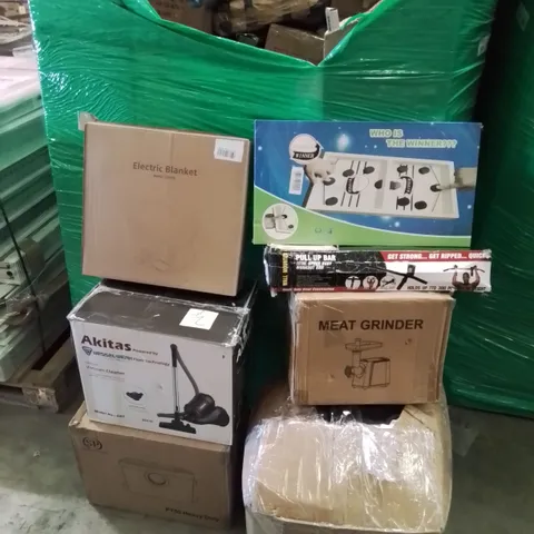 PALLET CONTAINING VARIOUS BOXED HOUSEHOLD ITEMS TO INCLUDE: MEAT GRINDER,  PULL UP BAR, VACUUM CLEANER,  ELECTRIC BLANKETS, SANITARY PUMPS AND LOTS MORE UNMARKED BOXED ITEMS.