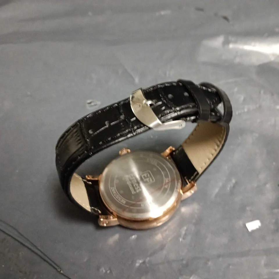 ERNEST FERDINAND ROSE GOLD TONE WRISTWATCH – BLACK LEATHER STRAP (QUARTZ) – BOXED