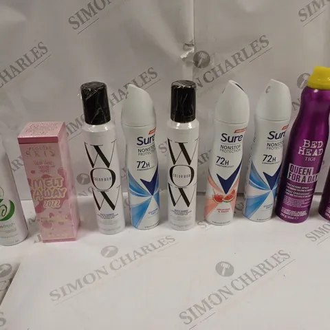 APPROXIMATELY 10 COSMETICS TO INCLUDE BED HEAD QUEEN FOR A DAY, SURE NONSTOP PROTECTION, AND WOW BRASS BANNED 