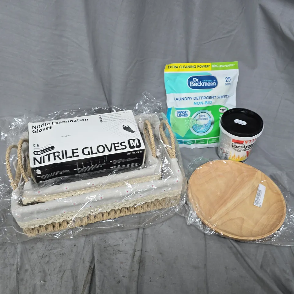 APPROXIMATELY 15 ASSORTED HOUSEHOLD PRODUCTS TO INCLUDE FIRE CEMENT, NITRILE GLOVES, LAUNDRY DETERGENT SHEETS, ETC