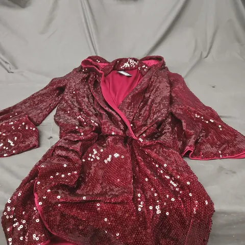 BOOHOO SEQUIN DRAPED FLARE SLEEVE SHIRT DRESS - BURGUNDY, UK 8