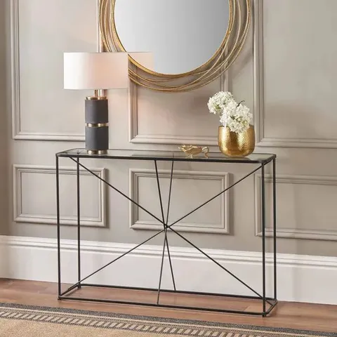 BOXED ROXY GLASS AND BLACK METAL CONSOLE TABLE