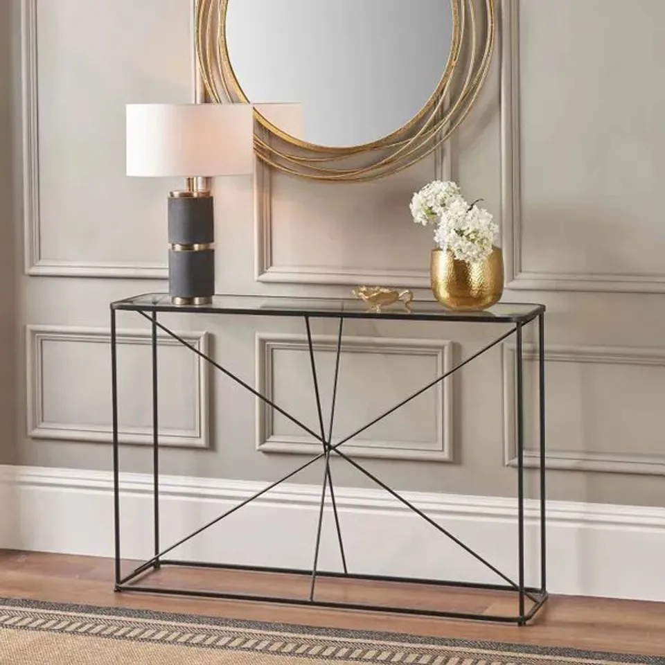 BOXED ROXY GLASS AND BLACK METAL CONSOLE TABLE