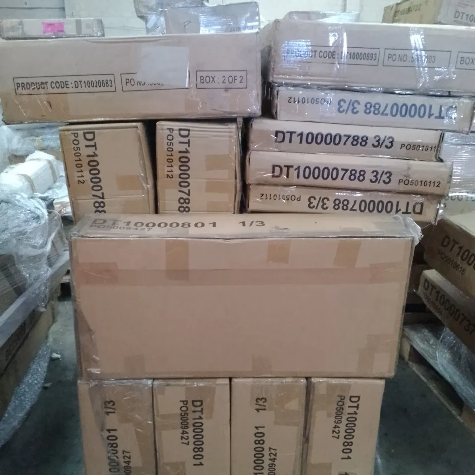 PALLET OF ASSORTED FLAT PACK DINING TABLE PARTS 