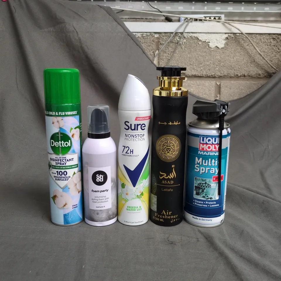 APPROXIMATELY 15 ASSORTED AEROSOLS TO INCLUDE DETTOL DISINFECTANT SPRAY, SURE DEODORANT AND ASAD AIR FRESHENER