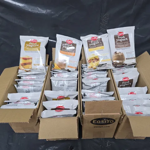 8 BOXES OF EASIYO FRESH YOGURT PACKS IN VARIOUS FLAVOURS TO INCLUDE CHOCOLATE SWIRL, SALTED CARAMEL, AND VANILLA CUSTARD ETC.