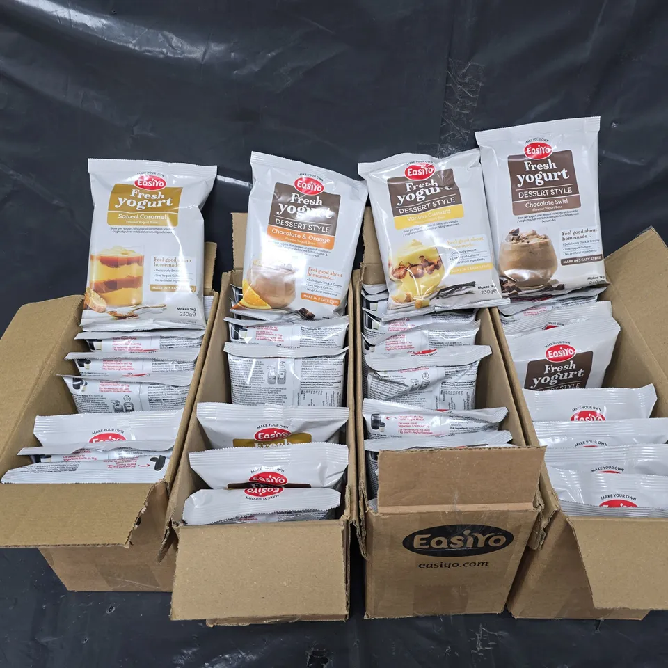 8 BOXES OF EASIYO FRESH YOGURT PACKS IN VARIOUS FLAVOURS TO INCLUDE CHOCOLATE SWIRL, SALTED CARAMEL, AND VANILLA CUSTARD ETC. 
