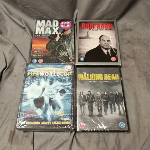 APPROXIMATELY 10 ASSORTED DVD'S TO INCLUDE SOPRANOS SERIES 6 THE FINAL EPISODES, MAD MAX TRLLOGY, THE LEGEND OF THE FIFA WORLD CUP, THE WALKING DEAD SEASON 11 ETC