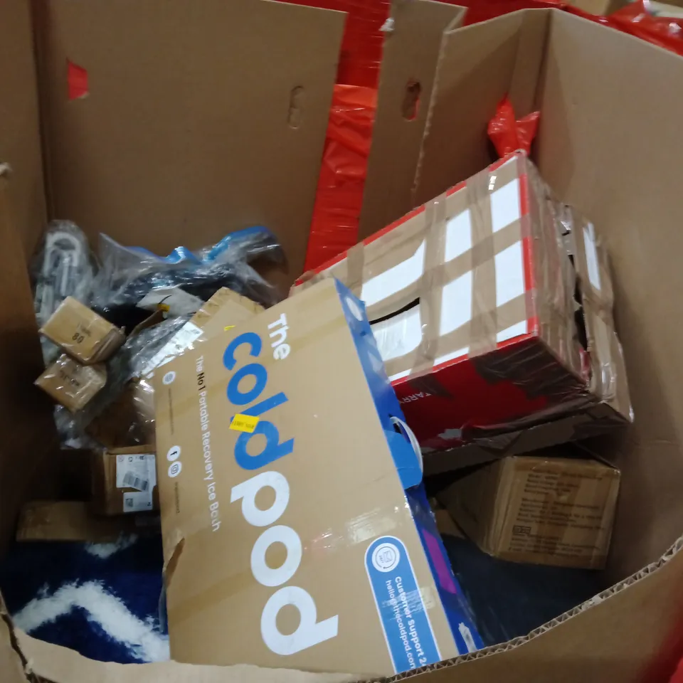PALLET OF ASSORTED HOUSEHOLD GOODS AND PRODUCTS TO INCLUDE; ELECTRIC CLOTHES DRYER,ICE BATH,AREA RUG