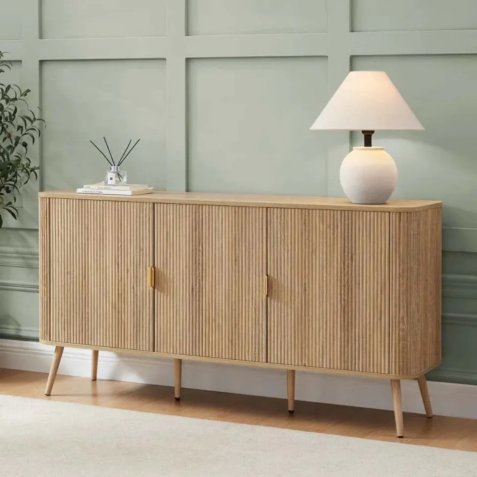 BOXED DUSK HATTIE 3 DOOR SIDEBOARD - LIGHT WOOD (1 BOX)