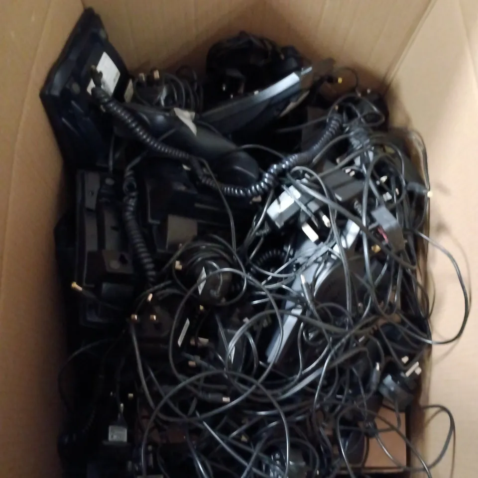 BOX OF APPROXIMATELY 20 OFFICE TELEPHONES AND CABLES 