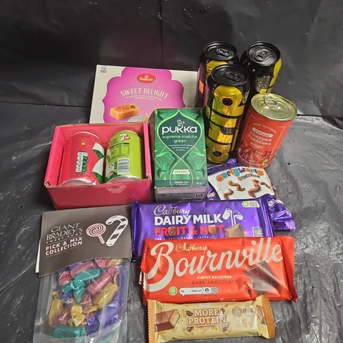 APPROXIMATELY 10 ASSORTED FOOD ITEMS TO INCLUDE - DRIP SPARKLING WATER - BOURNVILLE CHOCOLATE - PUKKA SUPREME MATCHA GREEN - ETC