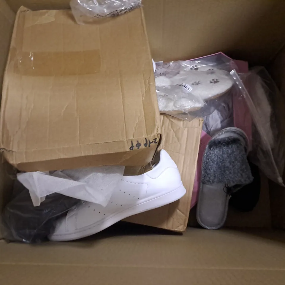 BOX OF APPROXIMATELY 5 PAIRS OF ASSORTED SHOES IN VARIOUS COLOUR, STYLES AND SIZES