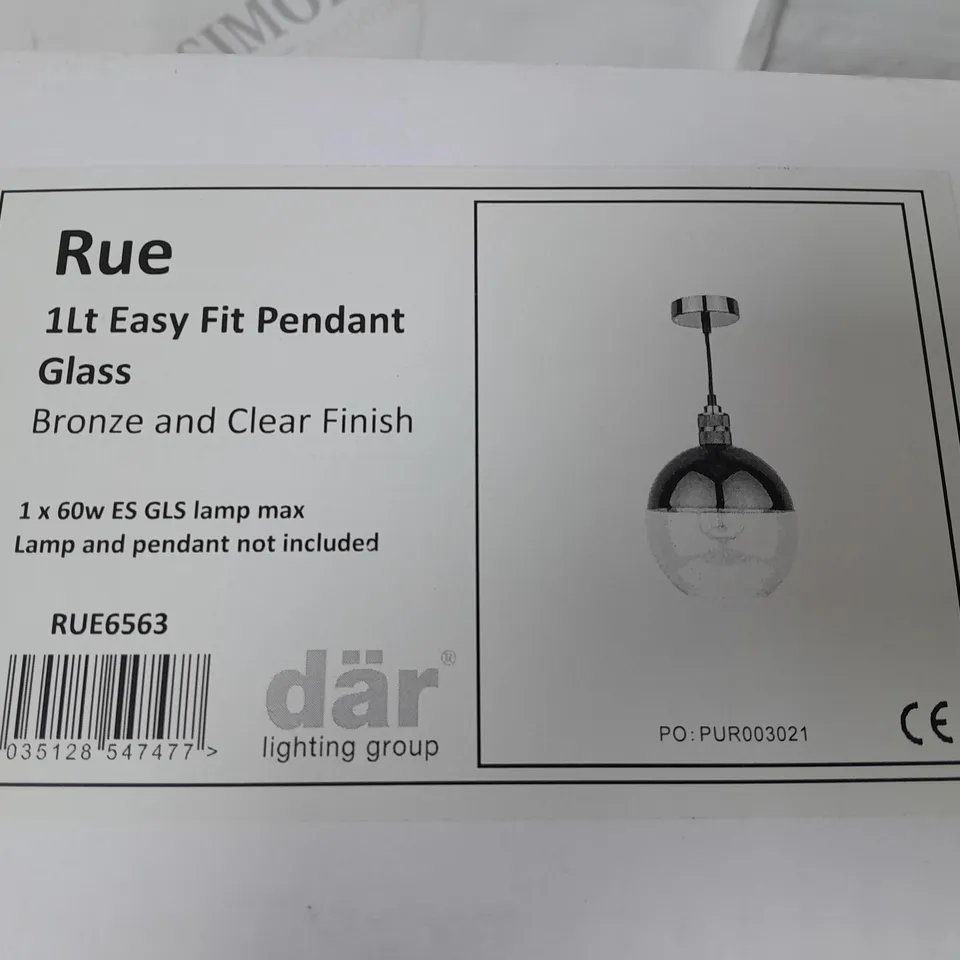 BOXED DAR LIGHTING RUE 1-LAMP EASY FIT PENDANT GLASS