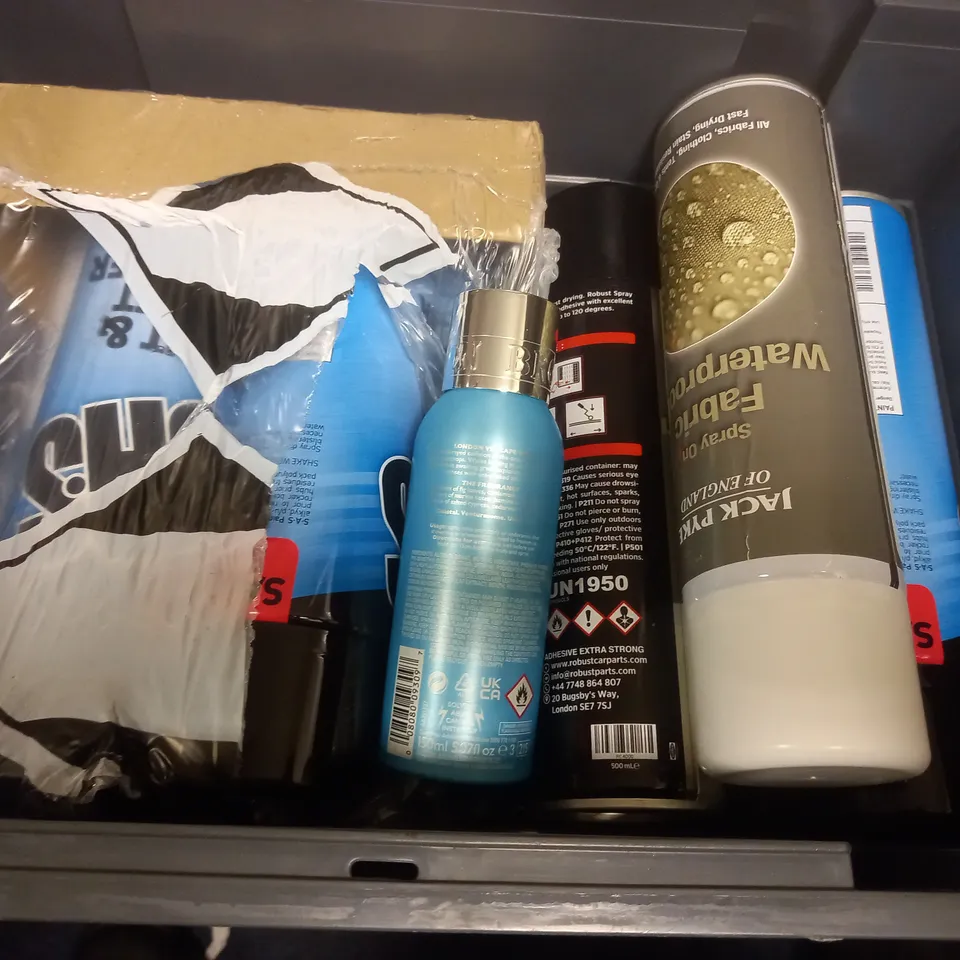BOX OF APPROX 10 ASSORTED AEROSOLS TO INCLUDE - JACK PYKE FABRIC WATERPROOF - MOLTON BROWN DEODORANT - SAS PAINT & GASKET REMOVER ECT