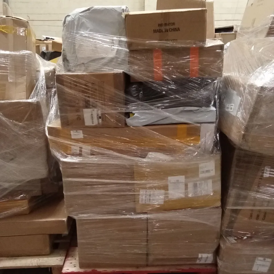 PALLET OF ASSORTED HOUSEHOLD GOODS AND PRODUCTS TO INCLUDE; INCUBATOR, FLATPACK FURNITURE, BLENDER ETC