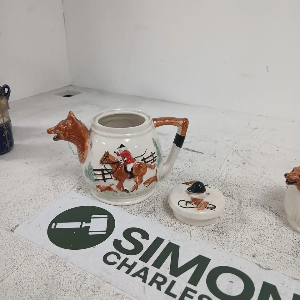 VINTAGE FOX HUNT CERAMIC TEA SET TEAPOT JUG SUGAR POT HAND PAINTED COLLECTIBLE