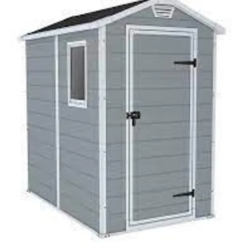 BOXED KETER 4X6 APEX MANOR RESIN MAINTENANCE FREE SHED IN GREY/WHITE (1 BOX)