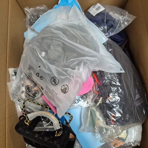 LARGE BOX OF APPROXIMATELY 25 ASSORTED CLOTHING ITEMS IN VARIOUS COLOURS, STYLES AND SIZES - COLLECTION ONLY