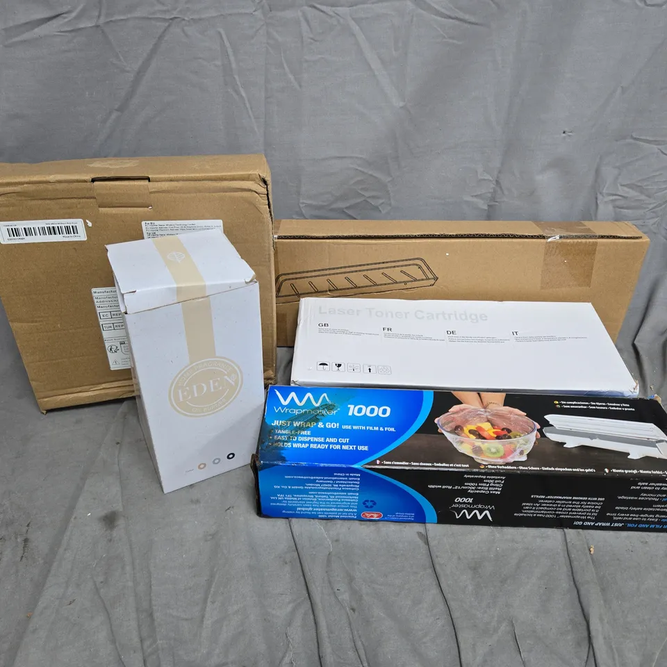 APPROXIMATELY 15 ASSORTED HOUSEHOLD PRODUCTS TO INCLUDE LASE TONER CARTRIDGE, WRAPMASTER 1000, EDEN OIL BURNER, ETC - COLLECTION ONLY