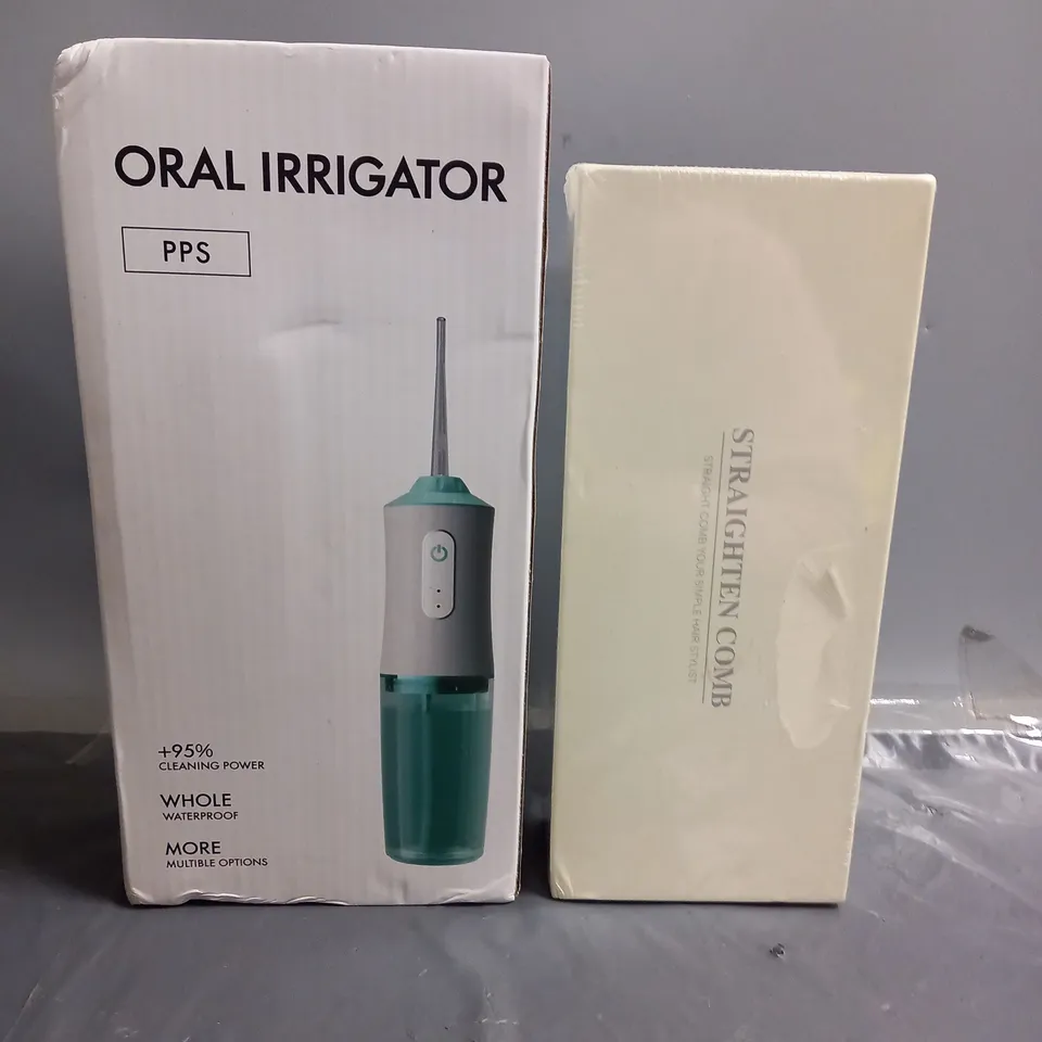 LOT OF 2 BOXED ELECTRICAL PRODUCTS TO INCLUDE - ORAL IRRIGATOR - PORTABLE HAIR STRAIGHTENING COMB