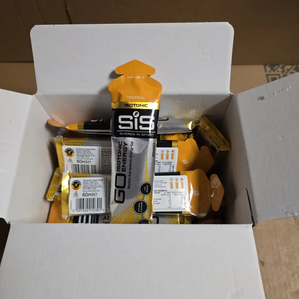 BOX OF APPROXIMATELY 25 SCIENCE IN SPORT GO ISOTONIC ENERGY GEL SACHETS 60ML PER SACHET