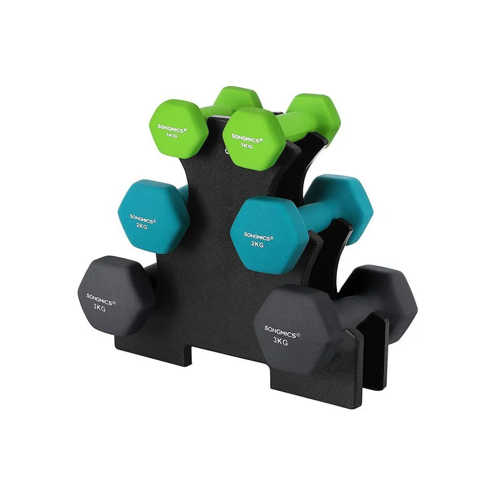 BOXED SONGMICS WEIGHT LIFTING DUMBBELL KIT WITH STORAGE STAND - BLACK + BLUE + GREEN