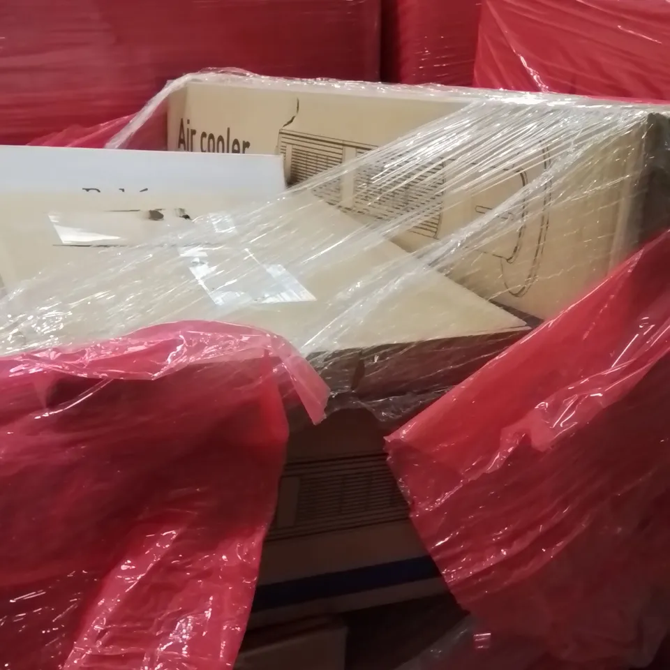 PALLET OF ASSORTED HOUSEHOLD ITEMS AND CONSUMER PRODUCTS TO INCLUDE; A LARGE QUANTITY OF AIR COOLERS, BABY BOOSTER SEAT ETC