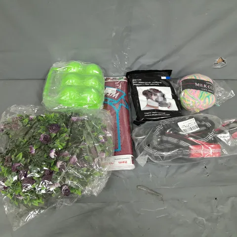BOX OF ASSORTED HOUSEHOLD ITEMS TO INCLUDE WOOL, ARTIFICIAL FLOWERS AND MASKS