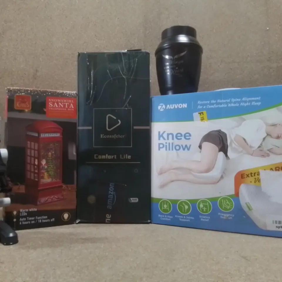 BOX OF ASSORTED ITEMS TO INCLUDE; AUVON KNEE PILLOW, ECOSAFETER NECK SUPPORT, SNOWSWIRL SANTA TELEPHONE BOX ETC