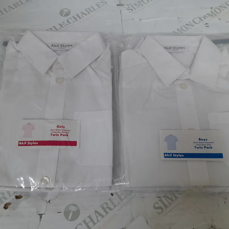 BOX OF APPROX. 90 AKIF STYLES SCHOOL WEAR GIRLS SHORT SLEEVE BLOUSES & BOYS SHORT SLEEVE SHIRTS IN VARIOUS SIZES