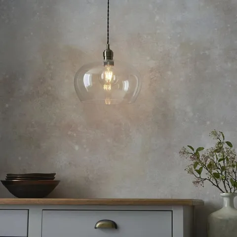 BOXED LIGHT PENDANT ANTIQUE BRASS PLATE & CLEAR GLASS
