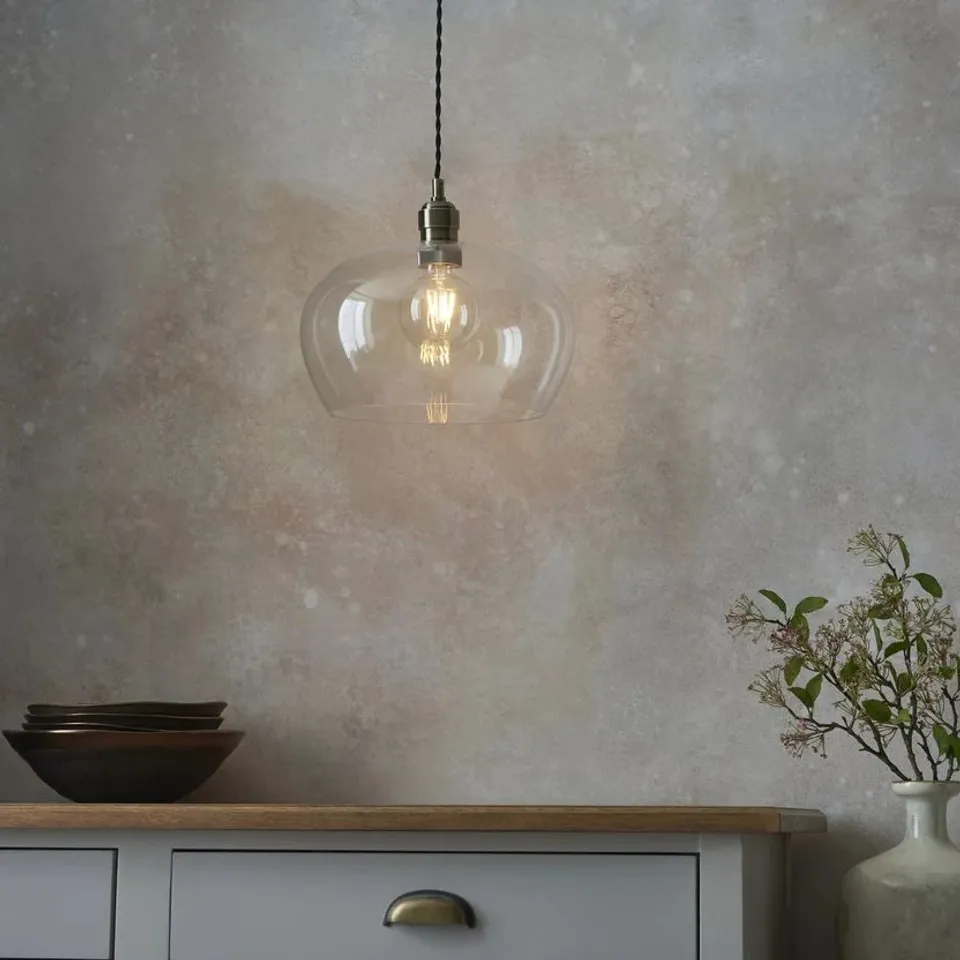 BOXED LIGHT PENDANT ANTIQUE BRASS PLATE & CLEAR GLASS