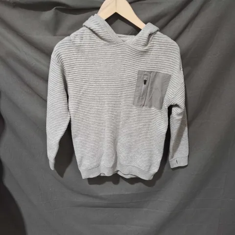 NEXT KIDS' GREY STRIPE KNIT HOODIE JUMPER – AGE 8 (128 CM), CHEST ZIP POCKET