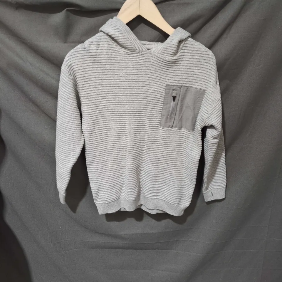 NEXT KIDS' GREY STRIPE KNIT HOODIE JUMPER – AGE 8 (128 CM), CHEST ZIP POCKET