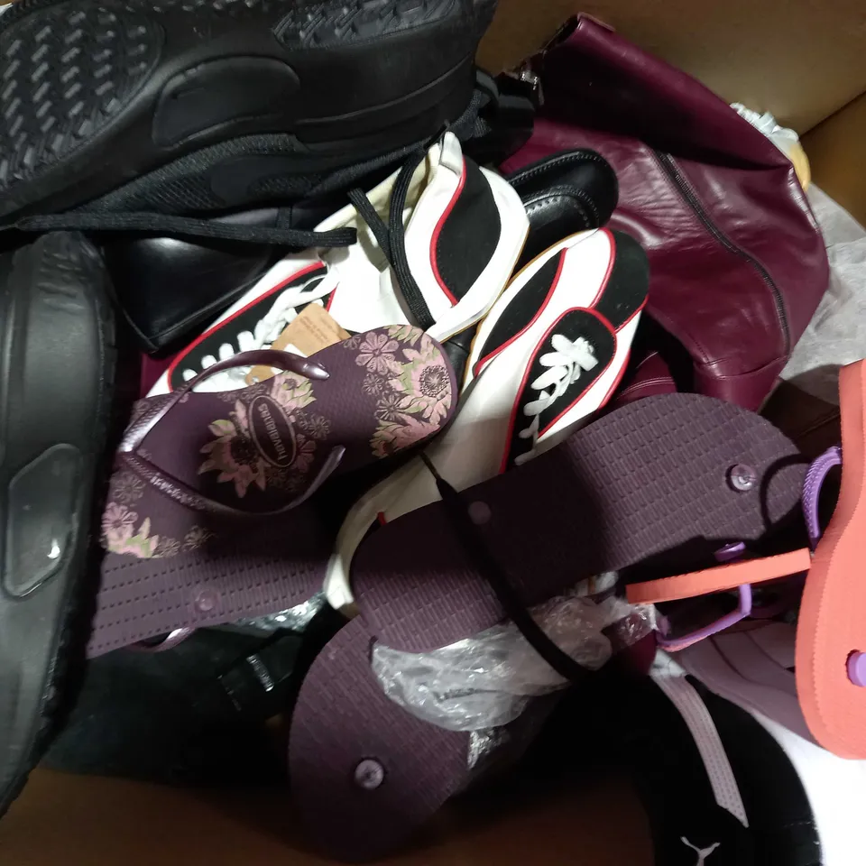 BOX OF APPROXIMATELY 20 ASSORTED PAIR OF DESIGNER SHOES AND FOOTWEAR TO INCLUDE SLIPPERS IN BLACK UK SIZE 7, FITVILLE TRAINERS IN PURPLE UK SIZE 6, PEP & CO SLIDERS IN BLACK UK SIZE 9, ETC