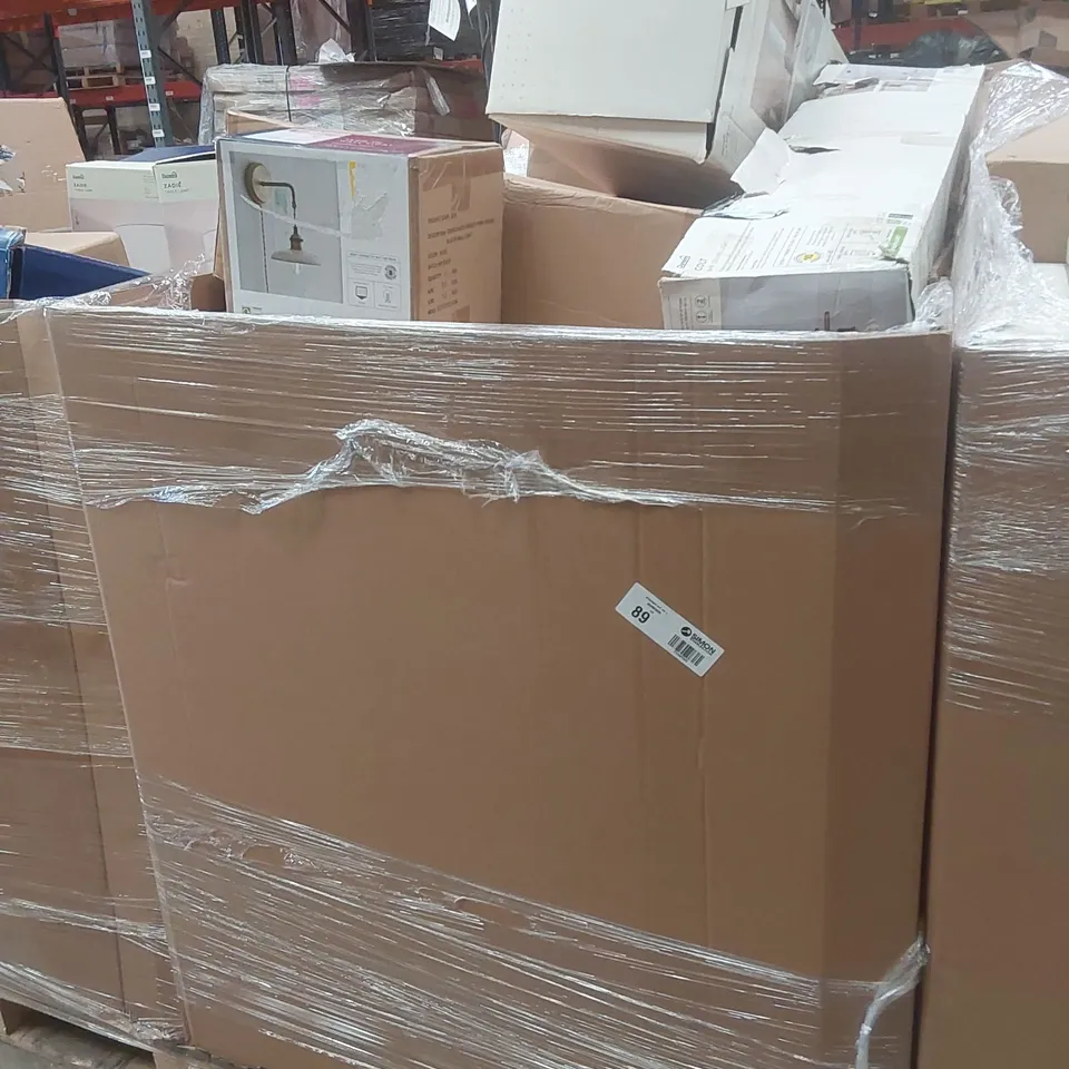 PALLET CONTAINING A VERY LARGE QUANTITY OF ASSORTED DESIGNER LIGHTING PRODUCTS INCLUDING: CLEMENTINE FLOOR LAMP, MILEY 4 LIGHT SPOTLIGHT BAR, COLT BAR CEILING LIGHT, FAWSLEY FERN WALL LIGHT ECT